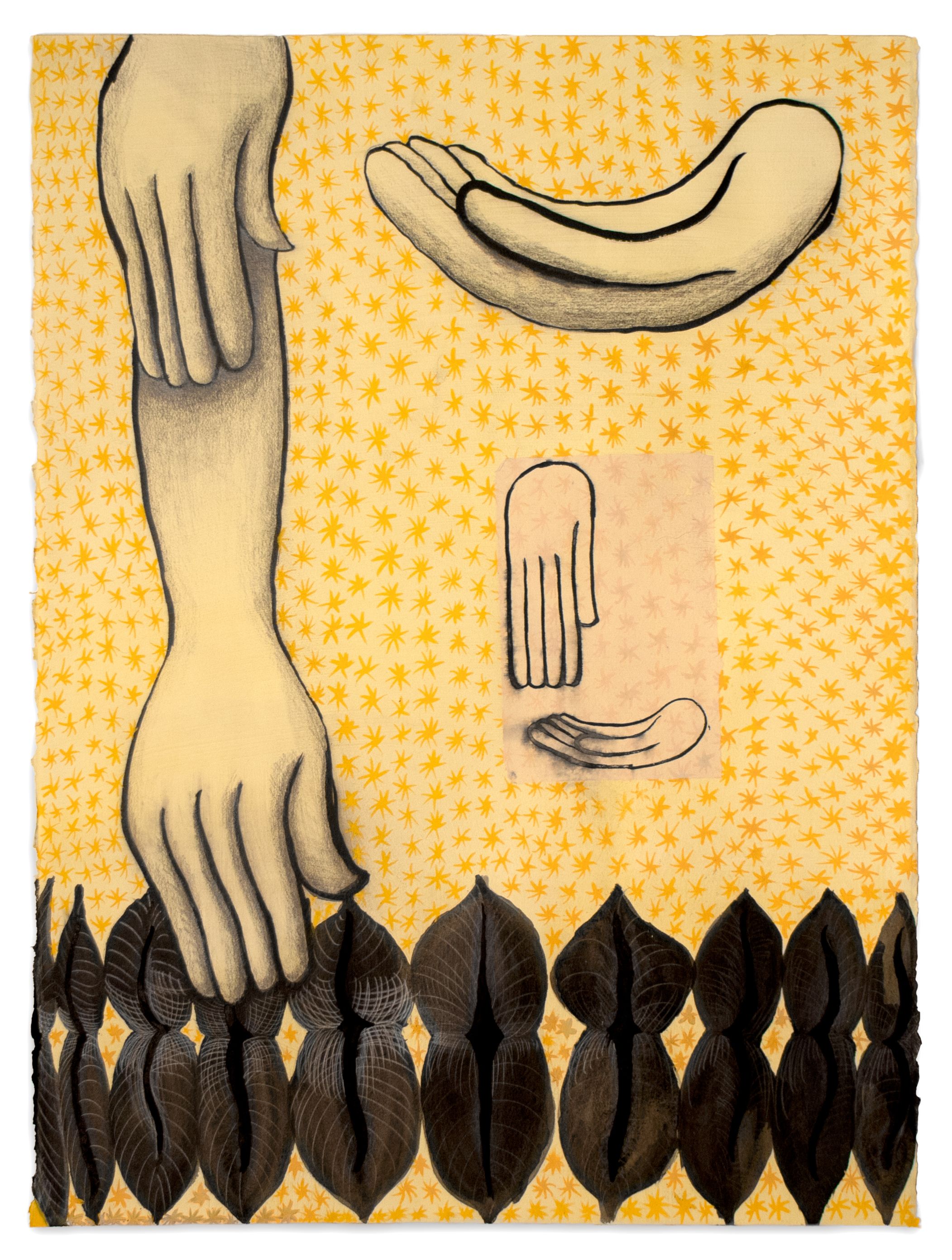 yellow background with black line drawings of various buddhist motifs